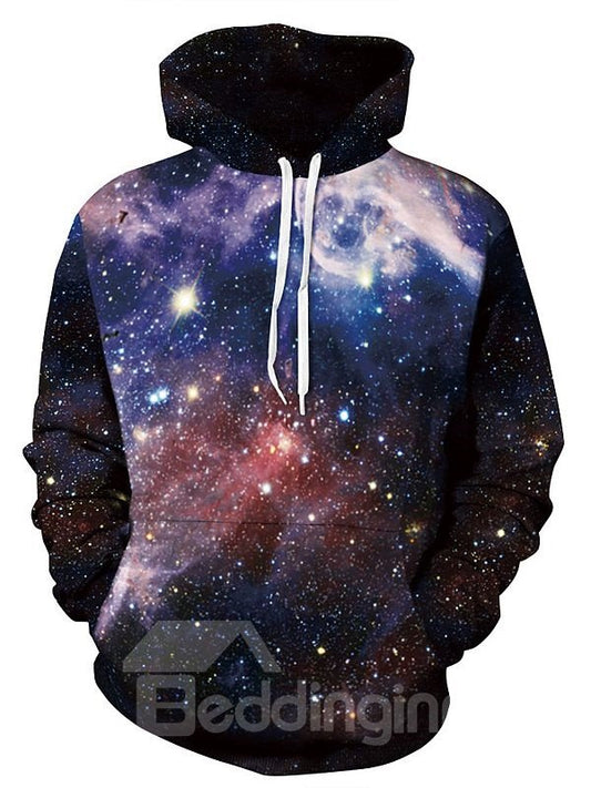 Fantástica sudadera con capucha pintada en 3D negra con patrón de cielo estrellado de manga larga