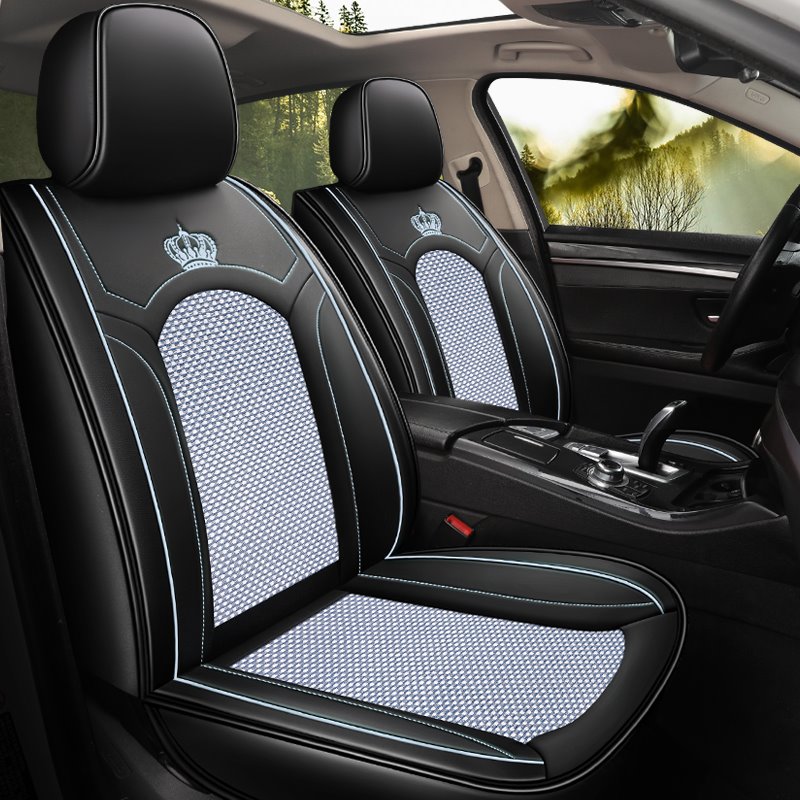 Simple Style Crown Pattern Luxury and Beauty Combination of Wear-resistant Leather and Breathable Ice Silk Material 5 Seats Universal Fit Seat Covers