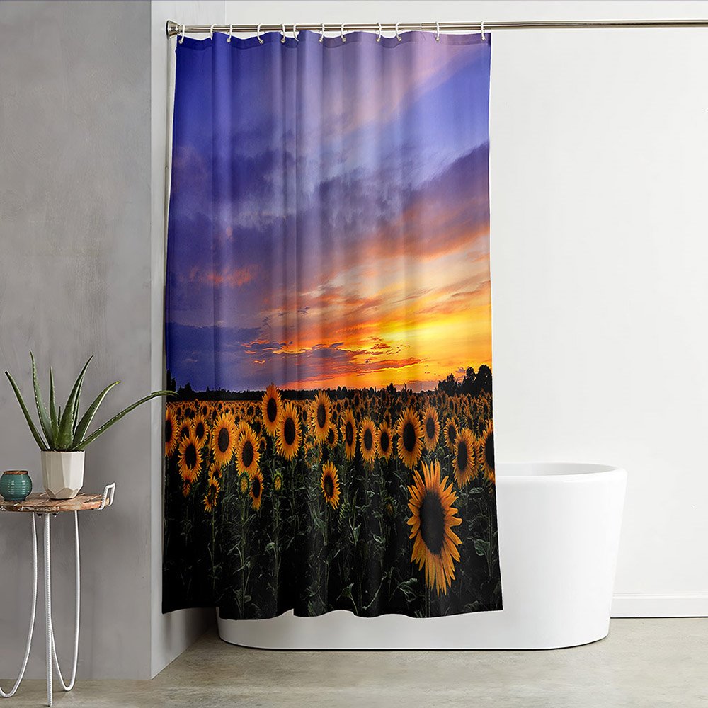 3D Printed Landscape Shower Curtain Sunflowers and Beautiful Sunset Bathroom Partition Curtain Durable Waterproof Mildew Proof Polyester