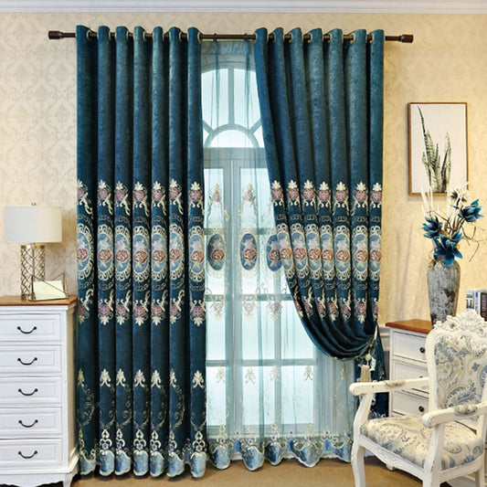 European Elegant Blue Embroidery Sheer Curtain for Living Room Bedroom Decoration Custom 2 Panels Breathable Voile Drapes No Pilling No Fading No off-lining Polyester