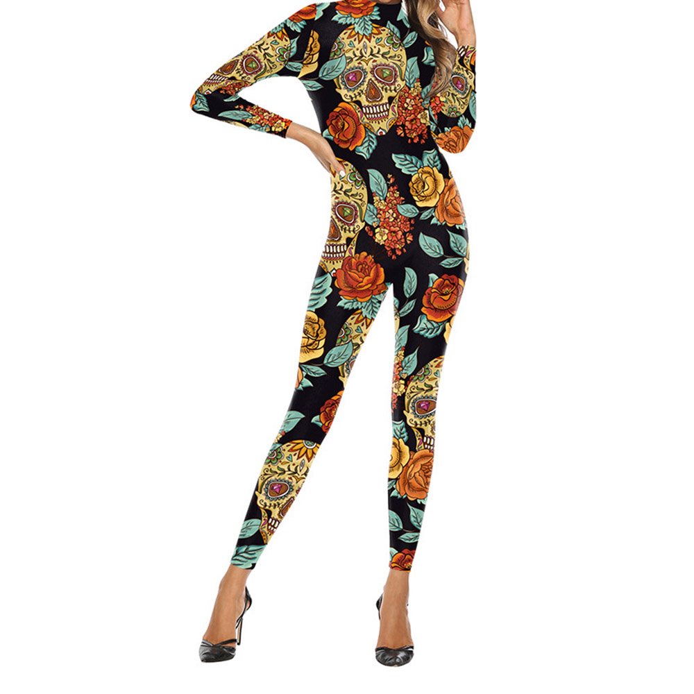 3D Halloween Skull Rose Printed Cosplay Theme Party Jumpsuit Spring Fall Costumes for Women