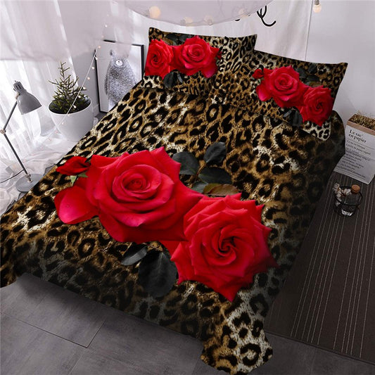 3-teiliges Bettdecken-Set, 3D-Bettwäsche-Set mit roten Rosen und Leopardenmuster, hochwertige Mikrofaser, ultraweich, lichtecht, volle Queen-Size-Größen 