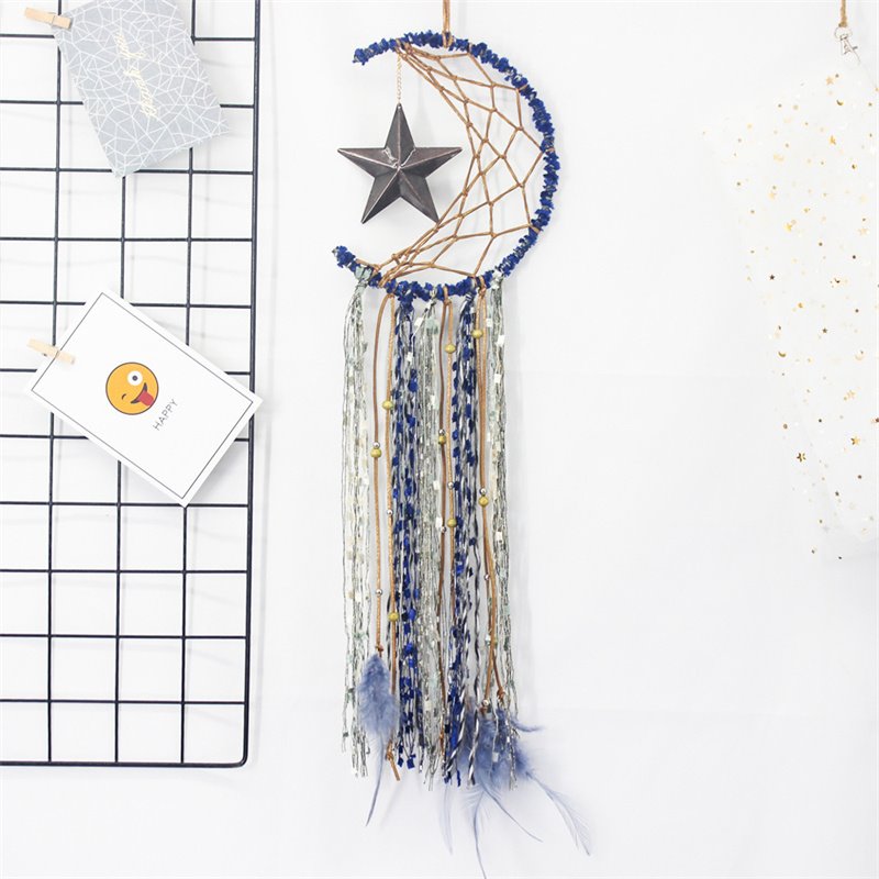 Blue Dream Catcher Handmade Half Circle Moon Design Dream Catcher Feather Hanging with Star Home Decoration Ornament Festival Gift (Moon& Star)