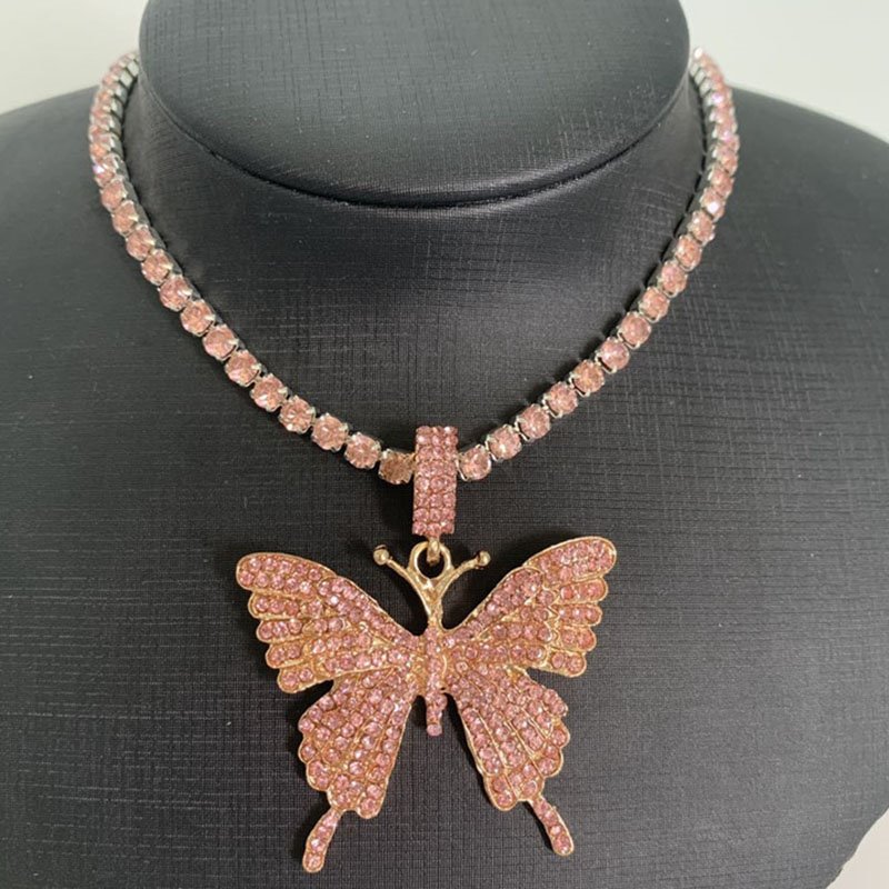 Fashion Sparkling Women Butterfly Diamante Pendant Necklace Party Jewelry