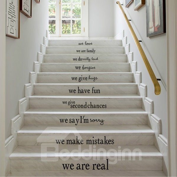 Divertidas palabras simples de inspiración familiar en pegatinas de pared decorativas para escaleras