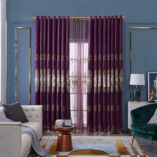 European Hollow Floral Embroidered Shading Curtains for Living Room Bedroom Purple Blackout Curtains Custom 2 Panels Drapes Decoration No Pilling No Fading No off-lining