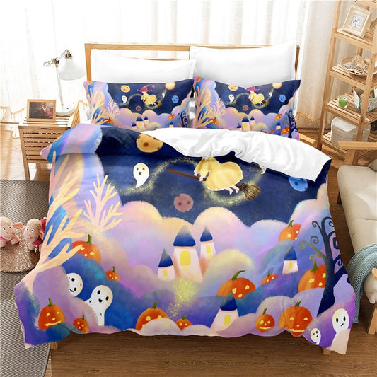 Juego de cama morado de Halloween, juego de 3 piezas, 1 funda nórdica y 2 fundas de almohada, ropa de cama para niñas 