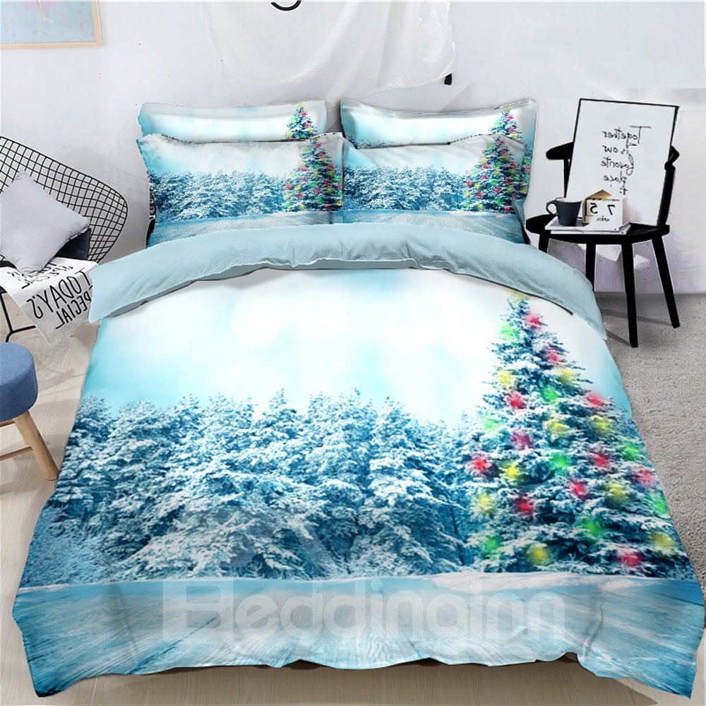 Christmas Tree Blue Sky Printed 3D 4-Piece Bedding Sets/Duvet Covers