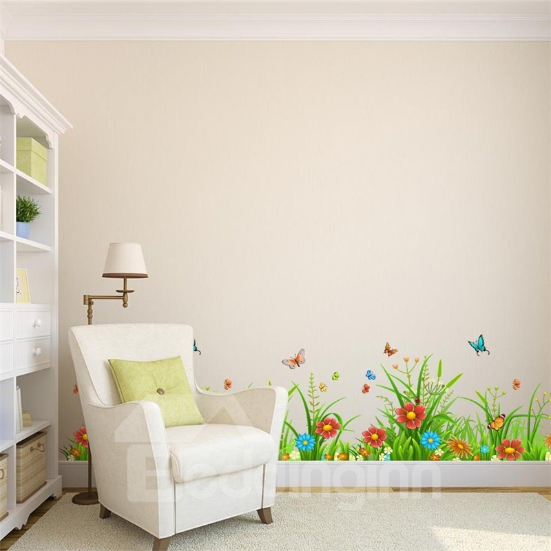 Flores, mariposas, pastos, pegatinas de pared de zócalo ecológicas impermeables impresas de PVC