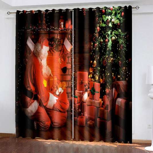 Christmas Gift 3D Window Curtains Santa Claus and Christmas Tree Print Blackout Curtains for Living Room Bedroom Window Drapes Chirstmas 2 Panel Set