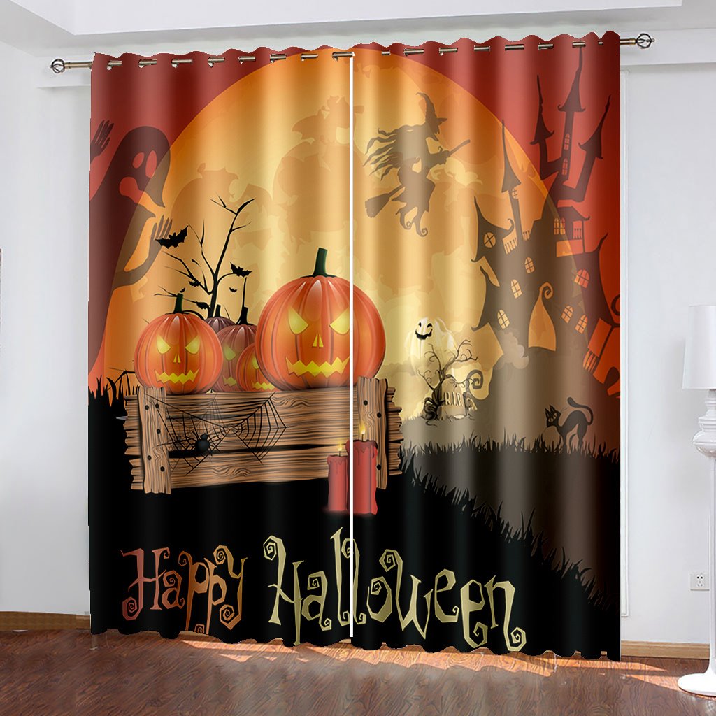 Halloween Pumkin Moon Yellow 3D Printed Curtains Blackout Decoration Window Shading Curtain Custom 2 Panels Drapes