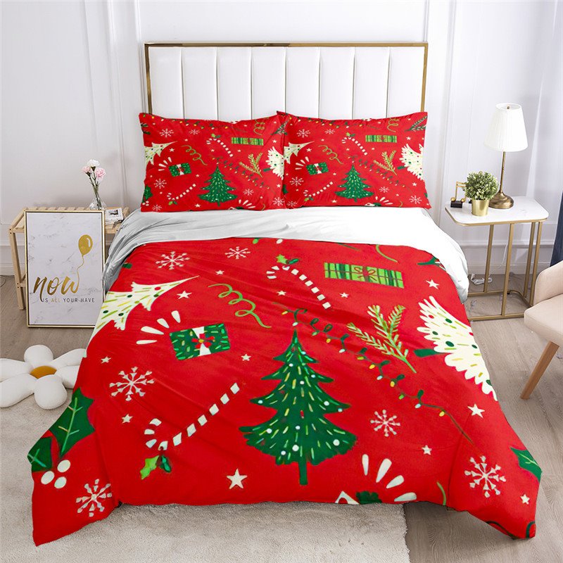 Festliches Weihnachtsbaum-Schneeflocken-3-teiliges Bettbezug-Set, 3D-rotes Bettwäsche-Set, weiches, hautfreundliches Polyester, Neujahrsgeschenk 