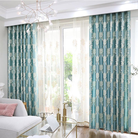 Modern High-end Jacquard Floral Shading Curtains Blue Silky Fabric Blackout Curtains for Living Room Bedroom Custom 2 Panels Drapes Decoration No Pilling No Fading No off-lining Heat insulation Sun Protection