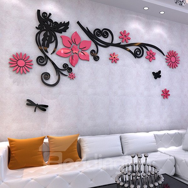 Elegante 3D-Wandaufkleber aus Acryl mit Blumen und schwarzen Zweigen