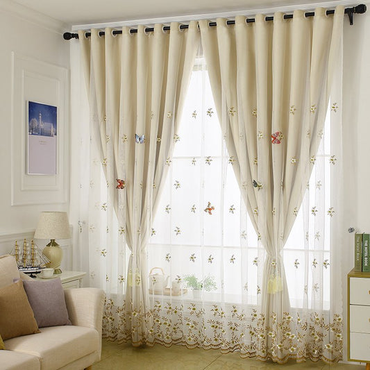 Cortina opaca y decorativa bordada y transparente para coser juntos, color beige, 2 paneles 