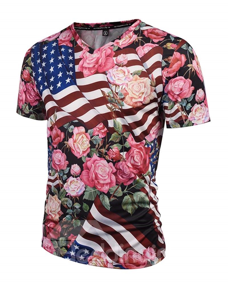 Helles 3D-bemaltes T-Shirt mit amerikanischer Flagge und Blumenmuster mit V-Ausschnitt 