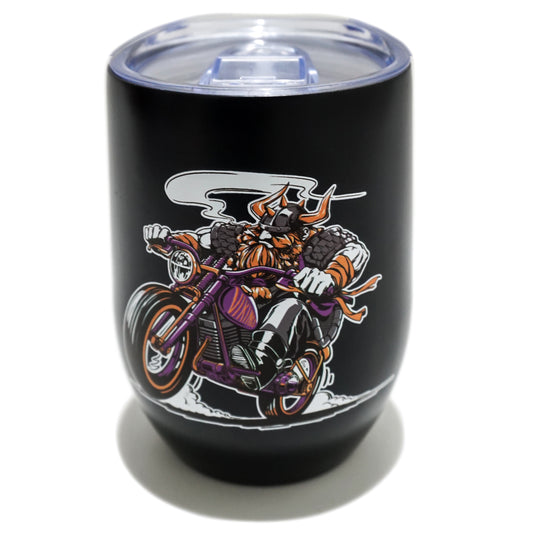 Viking Rider Insulated Wine Tumbler with Slider Lid, 12 Oz Stemless Double Wall Metal Thermal Travel Beverage Drink Cup for Biker Motorcycle Lover, Norse Viking Gifts for Men