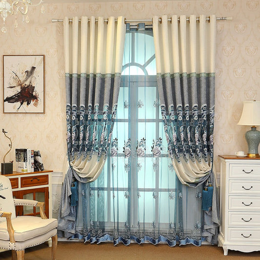 Europäische, elegante, blaue Blumen-Vorhänge für Wohnzimmer, Schlafzimmer, Dekoration, individuell, 2 Stoffbahnen, atmungsaktive Voile-Vorhänge, kein Pilling, kein Ausbleichen, kein Ausfransen, Polyester 