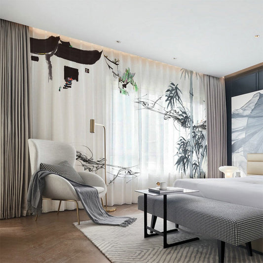 3D-gedruckte durchsichtige Vorhänge im chinesischen Stil mit Tuschemalerei für Wohnzimmer, Schlafzimmer, Dekoration, kein Pilling, kein Ausbleichen, kein Abblättern, Polyester, 30 % Schattierungsrate, 2 Paneele 