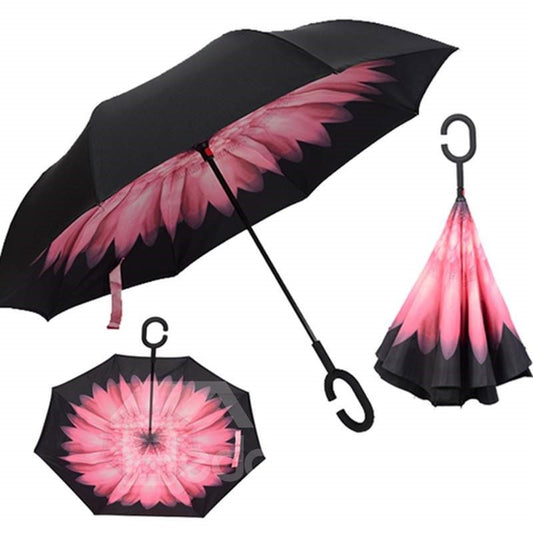 Fabulous Flower Pattern Double Layer Windproof Reverse Folding Reversible Umbrella