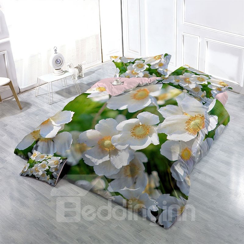 Juegos de cama 3D de 4 piezas de algodón de alta calidad, transpirables y resistentes al desgaste, flores silvestres blancas 