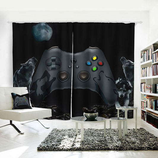 Cortinas opacas 3D, color negro, controlador de juego, cortinas con ojales, aisladas para sala de estar, dormitorio, decoración, juego de 2 paneles, aislamiento térmico, protección solar 