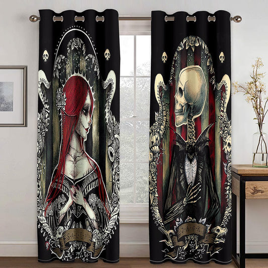 Halloween-Schädel-Paare, 3D-gedruckt, Verdunkelungsdekoration, Fensterschattierungsvorhänge, individuelle 2-Panel-Vorhänge 