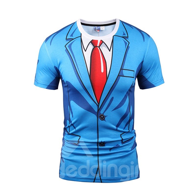 Blue Suit With Red Tie Printing Short Sleeve Men's 3D T-Shirt