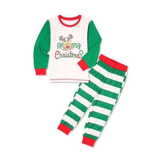 Weihnachten gestreifter Eltern-Kind-Anzug Pyjama Familien-Outfit-Anzug Langarm-Oberteil Hose Grün Weiß 