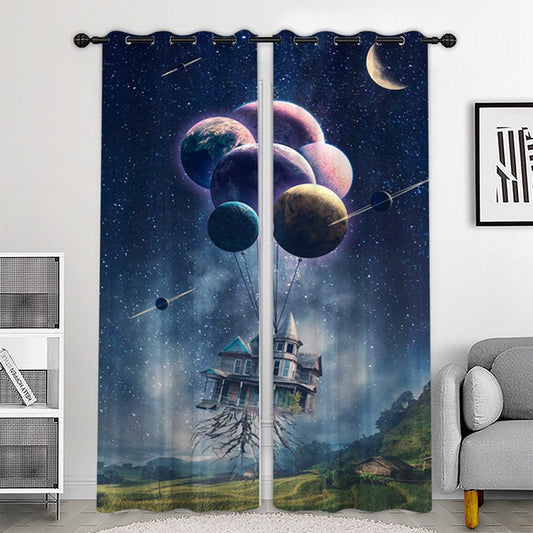 3D Printed Moving Castle and Starry Galaxy Blackout Curtains Custom 2 Panels Drapes for Living Room Bedroom No Pilling No Fading No off-lining Polyester