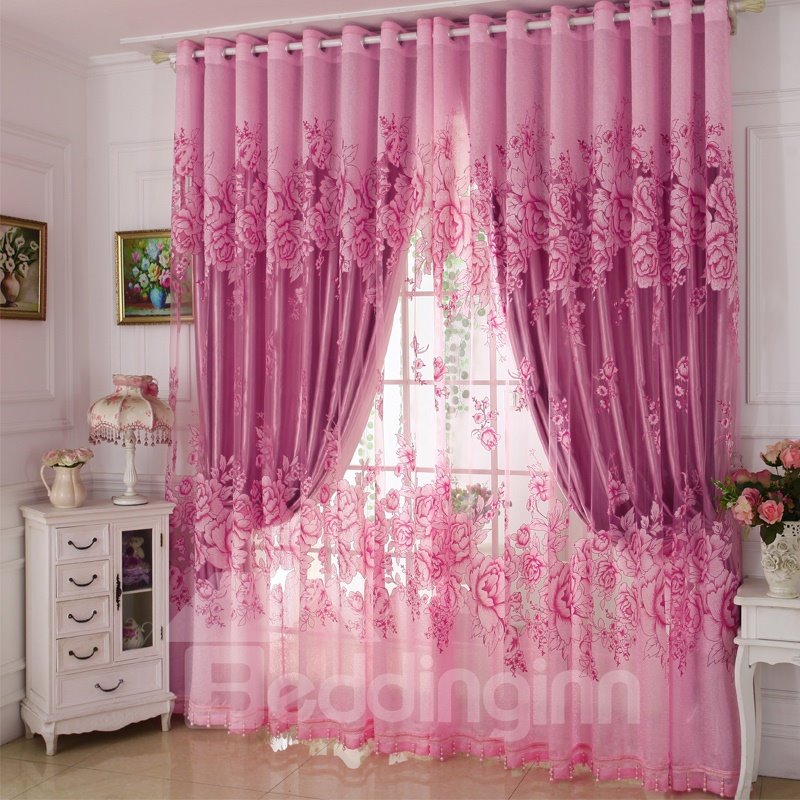 Blackout Classical Pink Gilding Carving Sheer and Solid Lining Room Curtain Sets