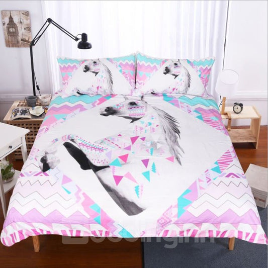 3-teilige Bettwäsche-Sets/Bettbezüge aus bedrucktem Polyester mit 3D-Einhorn und geometrischem Muster
