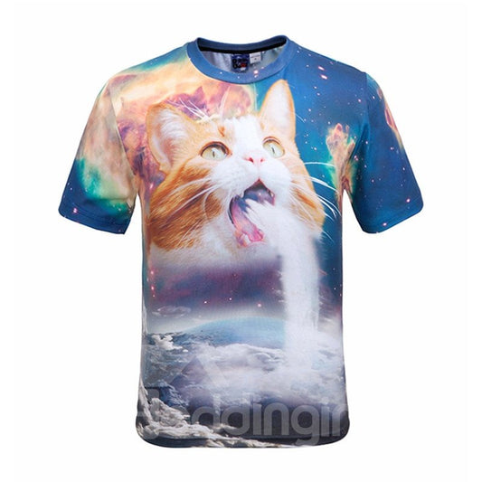 Encantadora camiseta pintada en 3D con estampado de gato en cascada y cuello redondo