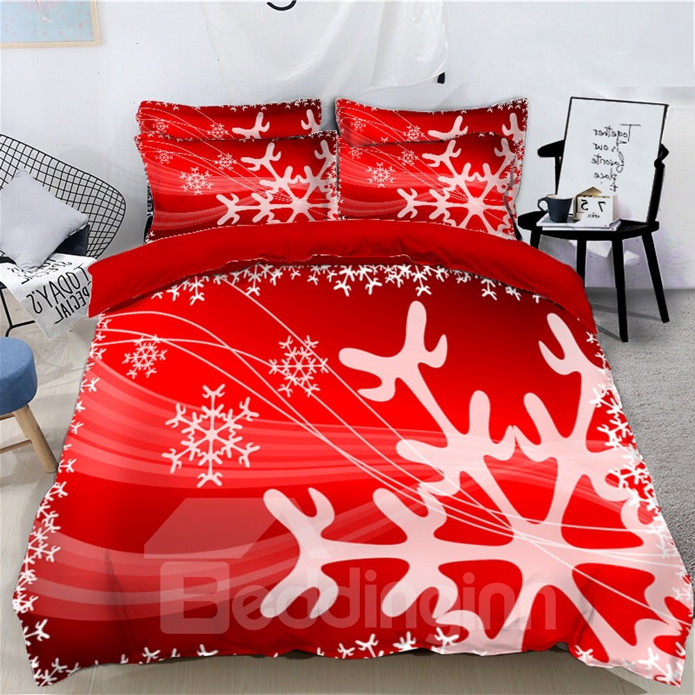 Snowflake Printed 3D 4-Piece Christmas Bedding Sets Duvet Covers Colorfast Wear-resistant Endurable Skin-friendly All-Season Ultra-soft Microfiber No-fading