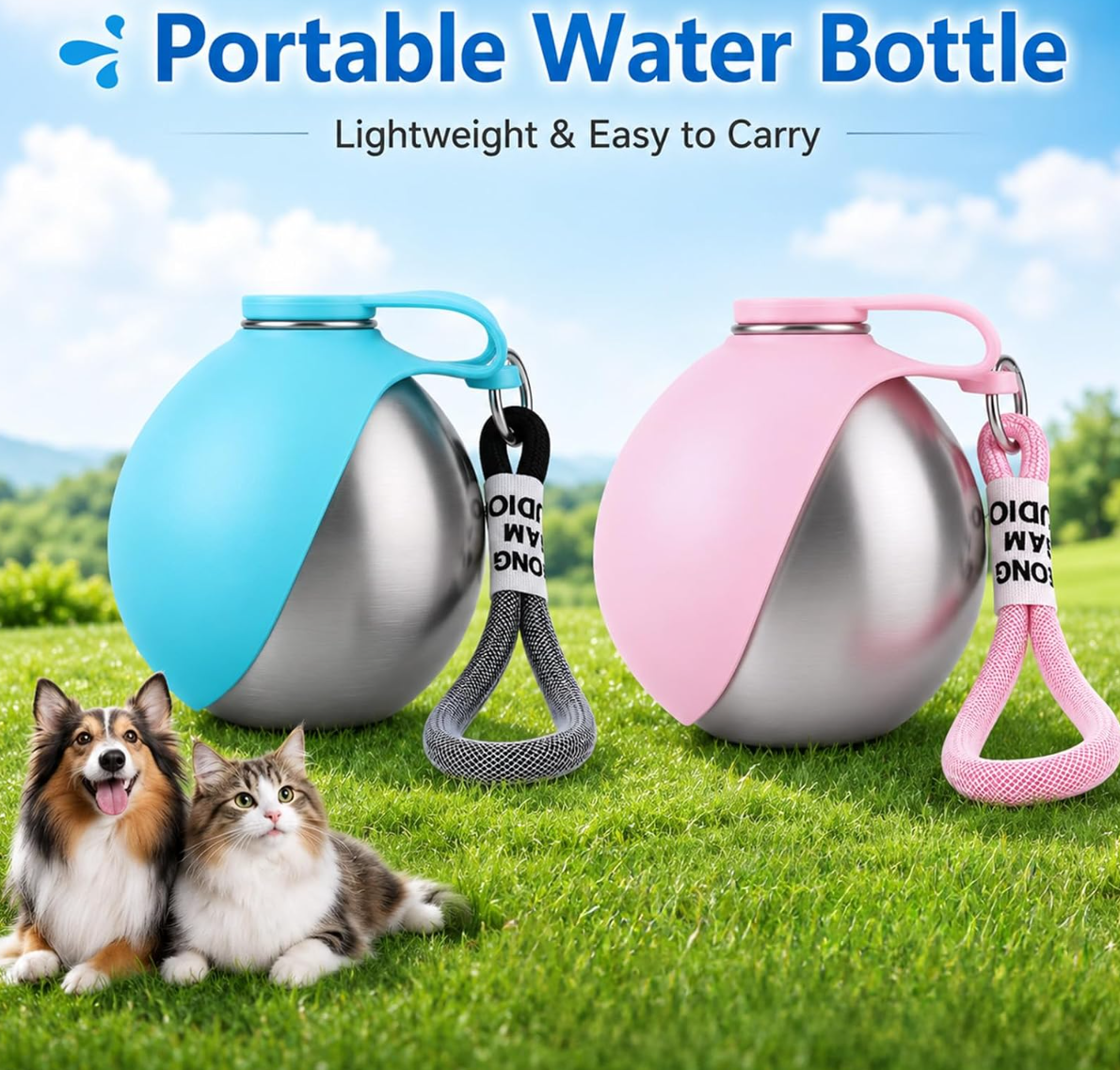 2 in 1 Portable Tumbler for Dogs, Portable Dog Water Ball, 10oz Stainless Steel Pet Water Dispenser with Silicone Foldable Bowl, Leak Proof, Portable Small Dog Water Bottle for Walking, Hiking(Blue)
