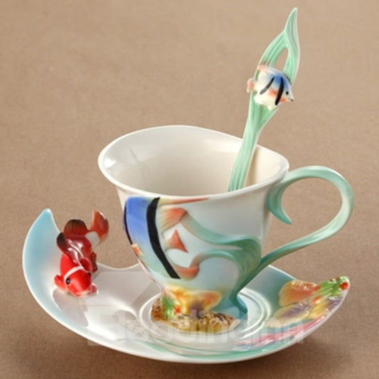 Juego de tazas con diseño de peces de diseño moderno, cerámica pintada