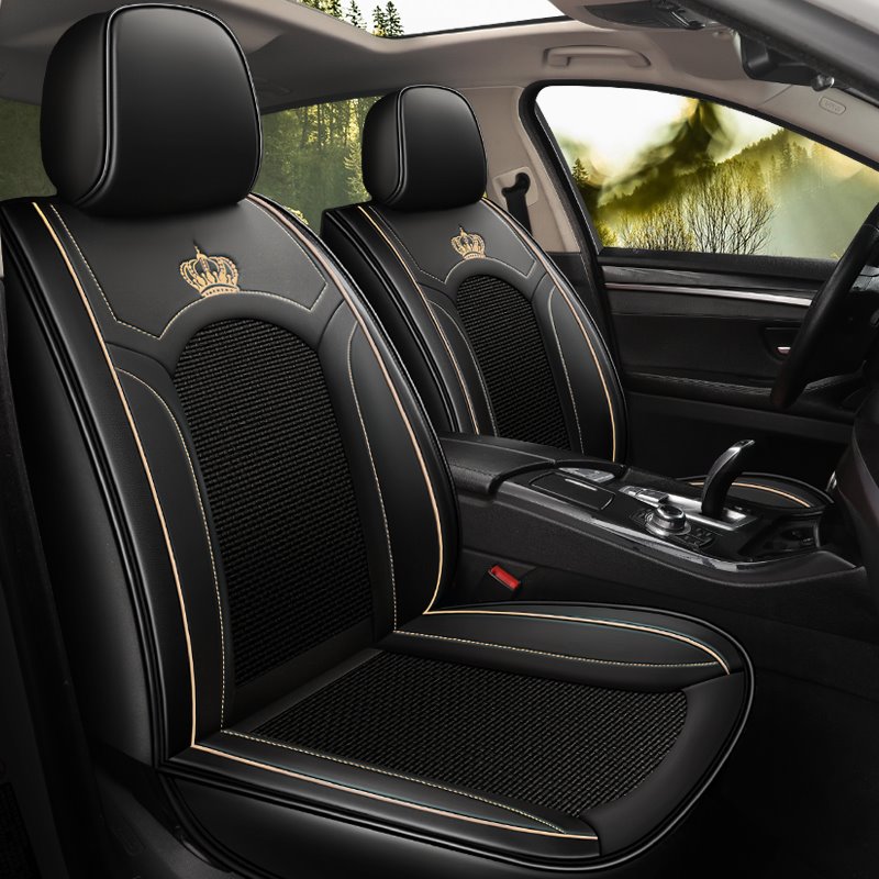 Simple Style Crown Pattern Luxury and Beauty Combination of Wear-resistant Leather and Breathable Ice Silk Material 5 Seats Universal Fit Seat Covers