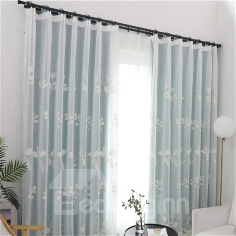 Elegant and Simple Blue with Flowers 2 Pieces Decorative and Blackout Living Room Curtain