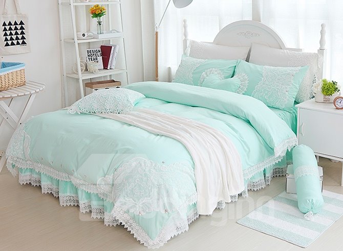 Juegos de cama de 4 piezas de algodón verde menta con bordes de encaje estilo princesa