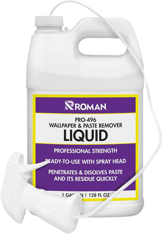 Roman Wallpaper Remover Liquid Spray, Contractor Strength Wallpaper Stripper and Adhesive Remover, Unscented, Non-Staining, Clear, PRO-496 (1 Gallon, 300 Sq. Ft.)