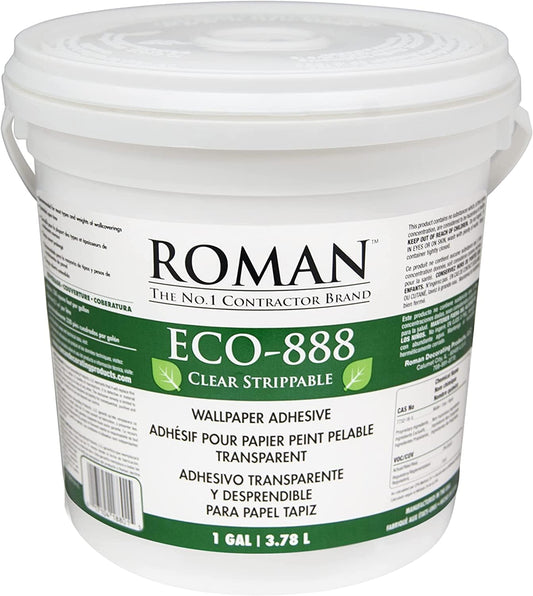 ROMAN’s ECO-888 Clear, Strippable, Wallpaper Adhesive, Easy Installation Glue/Paste, Clear, Zero VOC, Home Improvement (1 Gallon - 330 sq. ft.)