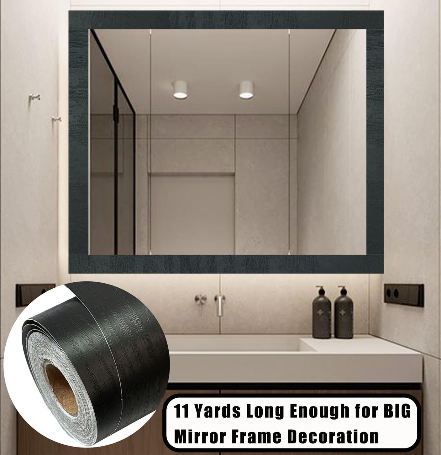 DESOMINOR 11 Yard Black Border Peel &Stick Black Wood Grain Wallpaper Border Removable Waterproof Bathroom Mirror Frame Sticker
