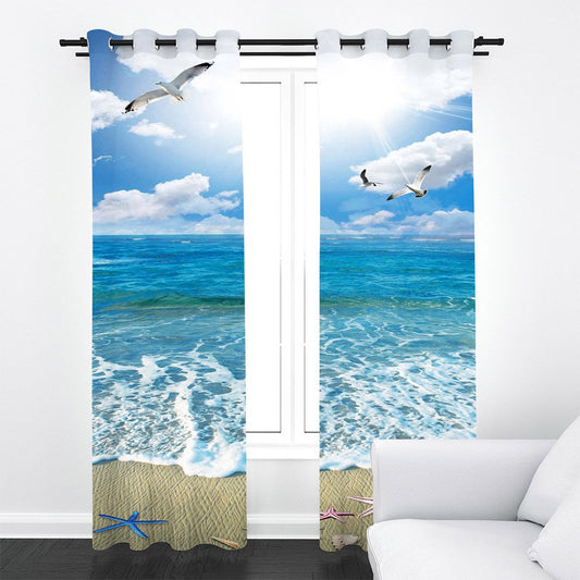 Modern 3D Printed Ocean Beach and Seagull Landscape Blackout Scenery Curtains Custom 2 Panels Drapes for Living Room Bedroom No Pilling No Fading No off-lining Polyester