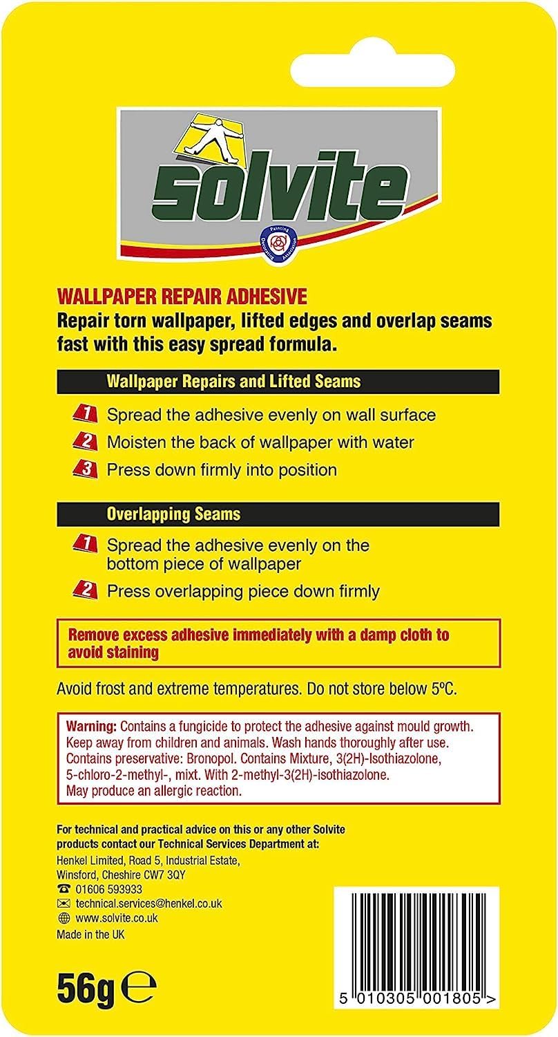 Solvite 1574678 Wallpaper Repair Adhesive, Paste for Fixing Tears, Seams & Edges, Extra-Strong Glue for Seam Repair, 1x56g, Green/Yellow