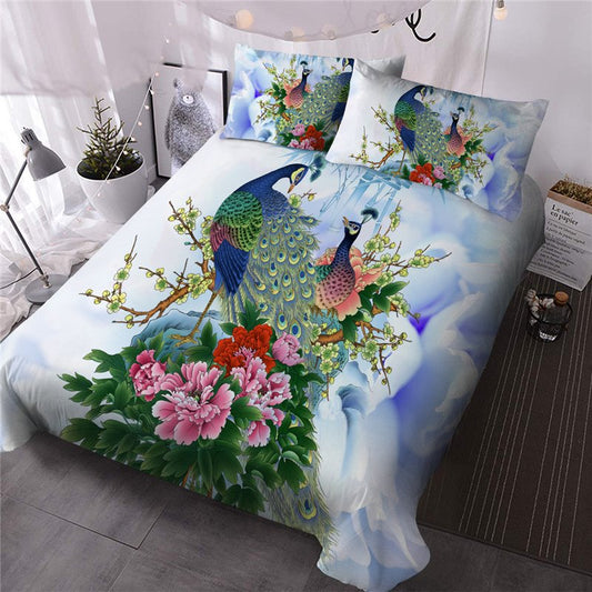 3D Peacock and Flower Print Comforter Set 3 PCS Bedding Set Ultra-soft Microfiber No-fading 1 Comforter 2 Pillowcases Full Queen King Size