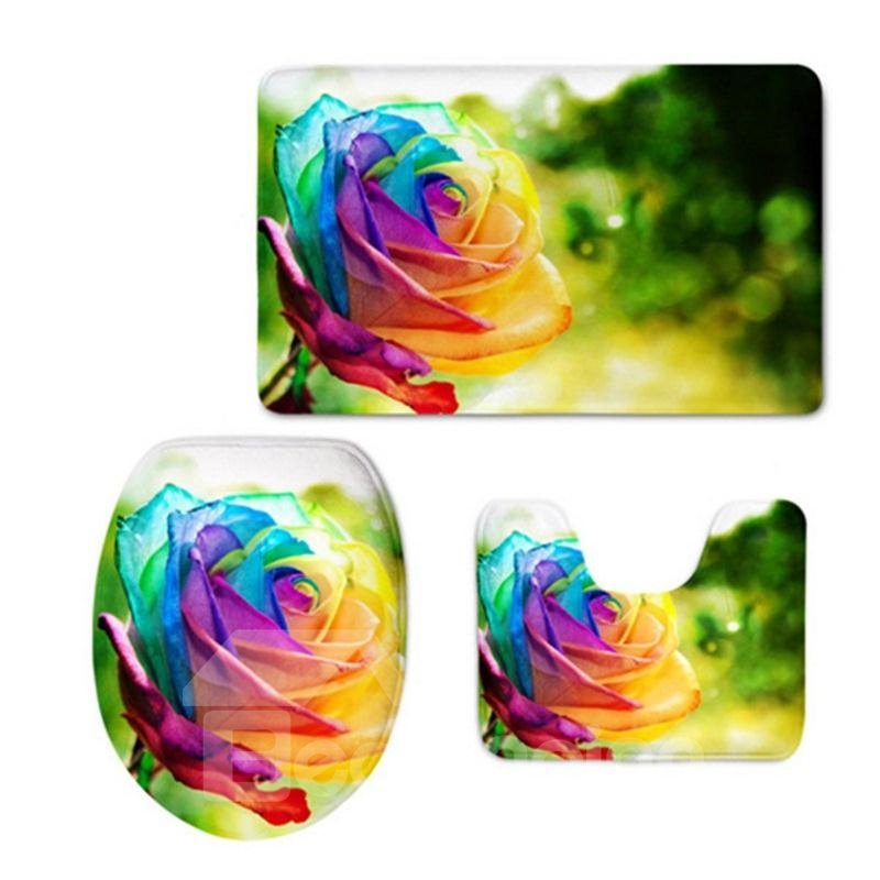 Colored Flowers Pattern 3-Piece Flannel PVC Soft Water-Absorption Anti-slid Toilet Seat Covers