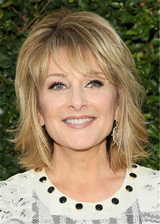 Lace Front Cap Synthetic Hair Women Natural Straight 120% 16 Inches Wigs Heat Resistant Natural Looking Daily Party Wigs Cosplay Wigs with Natural Bangs with Free Wig Cap