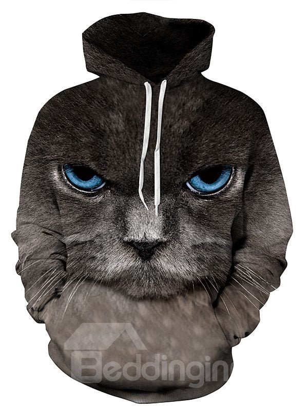 Sudadera con capucha pintada en 3D con bolsillo y estampado de cara de gato persa de manga larga