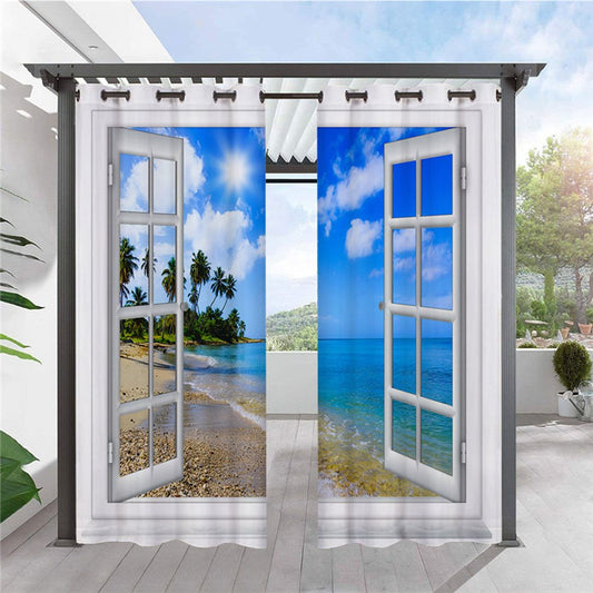Cortinas modernas con paisaje 3D para exteriores, vista al mar desde la ventana, con ojales en la parte superior, cortina de cabaña, impermeable, a prueba de sol, poliéster con aislamiento térmico, 2 paneles 