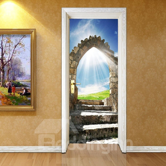 Mural de puerta 3D impermeable ecológico de PVC con patrón de puerta de piedra y cielo azul de 30 × 79 pulgadas